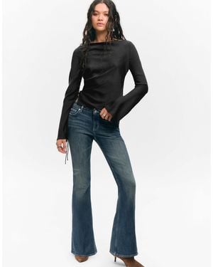 Monki Crinkle Satin Long Sleeve Boat Neck Top - Blue