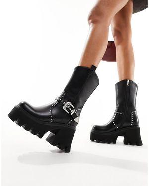 LAMODA Crocodile Tears Chunky Heeled Ankle Boots With Western Buckle - Black