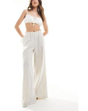 Stradivarius Elasticated Waist Crinkle Wide Leg Trousers - White
