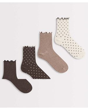Lindex Pack De 4 Pares De Calcetines Tobilleros Marrones De Caña Alta Con Estampado De Lunares Y Bordes Ondulados De - Blanco