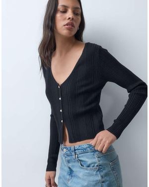 Miss Selfridge Fine Knit Rib Top With Buttons - Blue