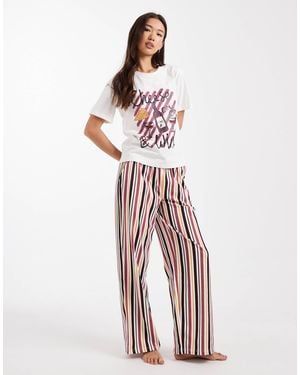 Threadbare Short Sleeve Cheese Print Pajamas With Multi Stripe Trouser - White