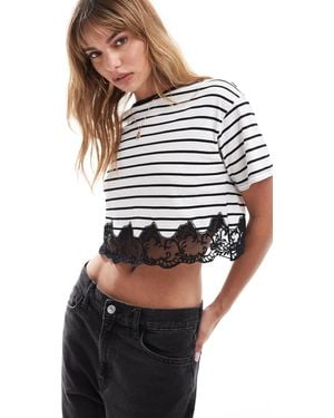 Miss Selfridge Boxy Short Sleeve Crop Top With Lace Hem - Black