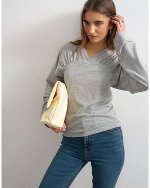 TOPSHOP Gather Yoke Seam Long Sleeve Top - Grey