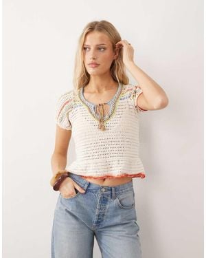 Free People Boho Crochet Pull Over Top With Multi Colour Contrast - White