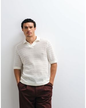 Only & Sons Open Knit Split Neck Polo - White