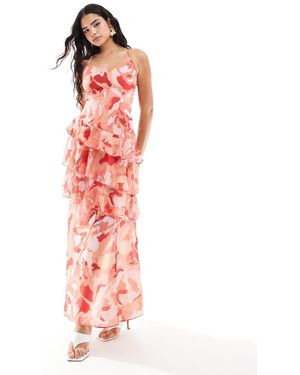 Pretty Lavish Vestito Lungo Aperto Dietro Rosso E Rosa Con Volant - Bianco