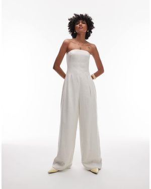 TOPSHOP Seamed Wide Leg Linen Jumpsuit - White