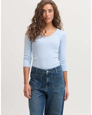 JJXX Fifi Top Ajustado Elástico Con Cuello De Pico Y Manga 3/4 En Azul