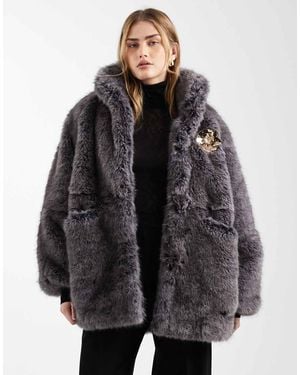 ASOS Vintage 80s Faux Fur Jacket With Gold Brooch Detailing - Black