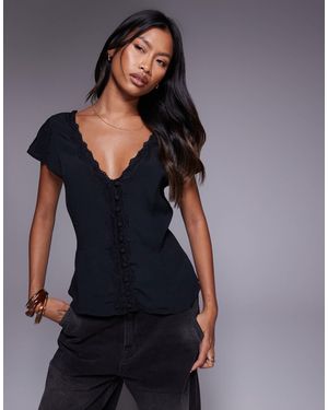River Island Puff Sleeve Lace Trim Top - Blue