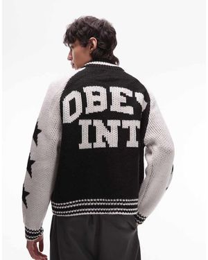 Obey Cowichan Knitted Jacket With Back Print Logo - Grey