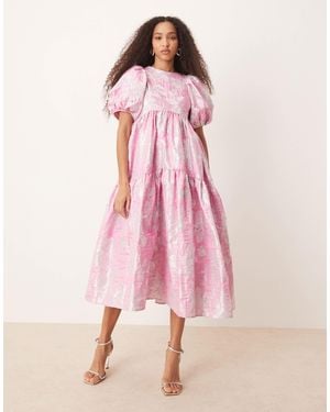 Sister Jane Puff Sleeve Jacquard Midi Dress - Pink