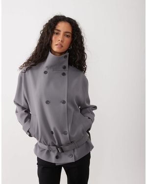 Mango Belted Funnel Neck Jacket - Gray