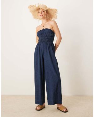 ASOS Mono Vaquero Largo Sin Tirantes De Pernera Ancha Con Enjuagado Y Cintura Fruncida De Denim Suave De -Azul