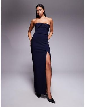 Vesper Bengaline Bow Front Detail Bandeau Thigh Split Maxi Dress - Blue