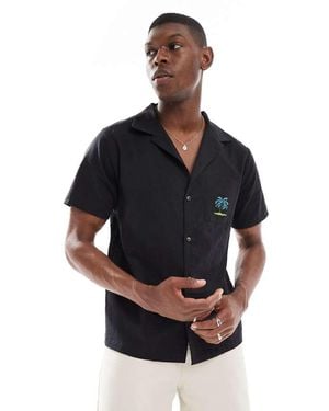 New Look Palm Tree Embroidered Linen-Look Revere Shirt - Blue