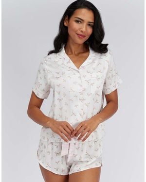 Boux Avenue Floral Satin Short Pyjama Set Collared Top And Shorts Pj - White