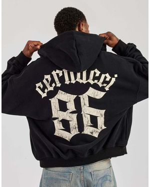 CERNUCCI 86 Back Print Zip Through Boxy Hoodie - Black