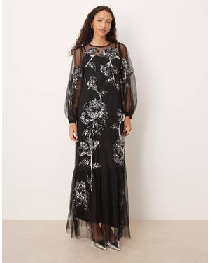 Maya Floral Embellished Tulle Overlay Long Sleeve Maxi Dress - Black