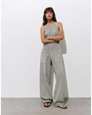 Pull&Bear – lange, weite latzhose - Grau