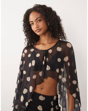 ASOS Co-ord Printed Mesh Caped Tie Front Top - Gray