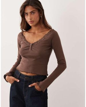 Miss Selfridge Lace Trim Button Pointelle Top - Brown