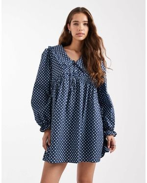 Daisy Street Volume Sleeve Smock Mini Dress With Oversized Collar - Blue