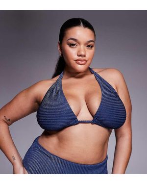 ASOS Asos Design Curve Riddy Laguna Glitter Rib High Apex Tie Front Bikini Top - Blue