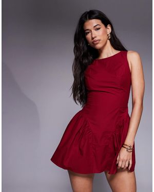 The Frolic Exclusive Bengaline Sleeveless Slash Neck Hip Pleat Detail Mini Dress - Red