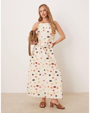 Vrg Grl Elma Tile Print Belted Linen Midi Dress - Natural