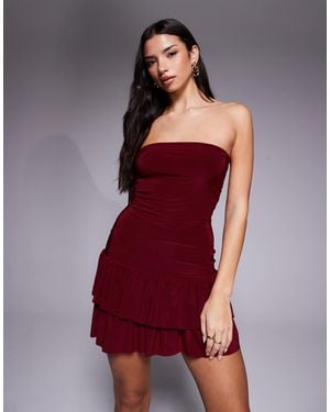 Fashionkilla Double Sculpted Slinky Bandeau Drop Waist Ruffle Hem Mini Dress - Red
