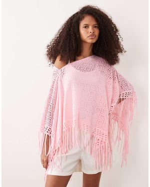 Kiwi & Co Top Estilo Poncho Con Bajo De Flecos De Punto Fino De - Rosa