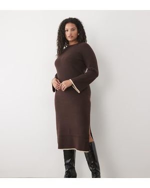 Vila Curve Fluffy Texture Knitted Midi Dress With Constrast Tipping - Brown