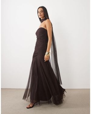 LACE & BEADS Tulle Strapless Ruched Scarf Detail Maxi Dress - White