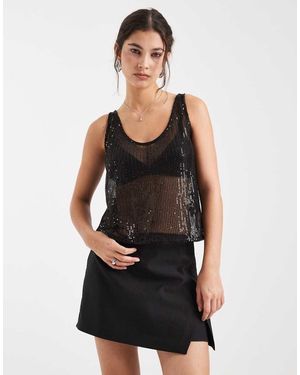 Pieces Sheer Sequin Cami Top - Black
