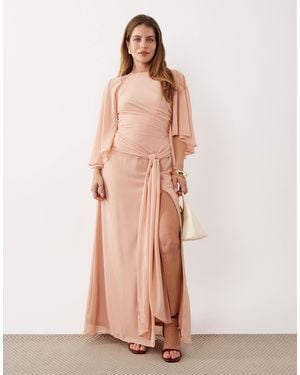 TFNC London Bridesmaids Cape Chiffon Maxi Dress With Tie Front - Pink