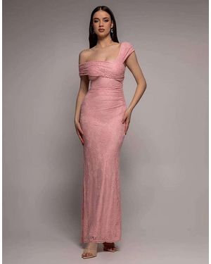 Goddiva One Shoulder Pleated Bardot Lace Maxi Dress - Grey