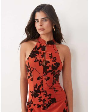 ASOS Hoogsluitende Top Met Mandarijnkraag En Flocked Bloemenprint - Rood