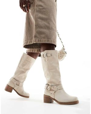 Bronx Botas Biker Por La Rodilla Color Avena De Cuero New Camperos De -Blanco