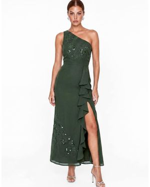 Maya Embellished One Shoulder Ruffle Midaxi Dress - Green