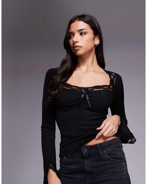 Fashionkilla Exclusive Cotton Rich Lace Trim Ruched Front Flare Sleeve Top - Black