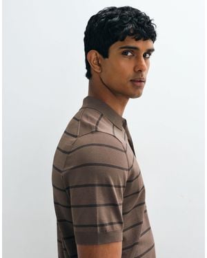 Mango Knitted Striped Polo T-shirt - Brown