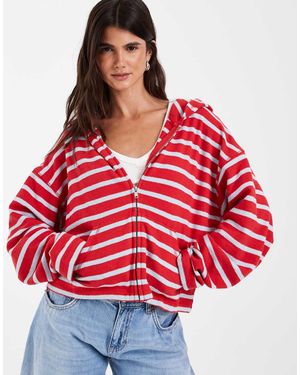 Gap Beach Terry Striped Overhead Logo Hoodie - Red