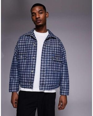 HUGO Nial Relaxed Fit Check Denim Jacket - Blue
