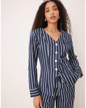 Glamorous V Neck Long Sleeve Blouse - Blue