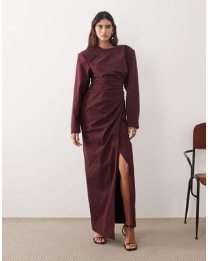 ARRANGE High Neck Shoulder Pad Pleated Waist Maxi Dress - Red