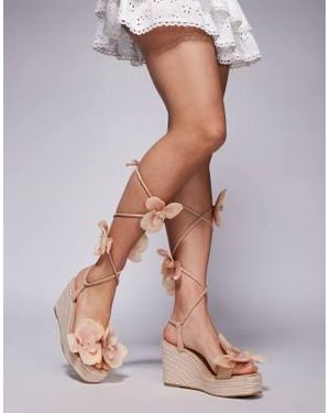 South Beach Espadrille Wrap Around Wedges With Orchids - Metallic