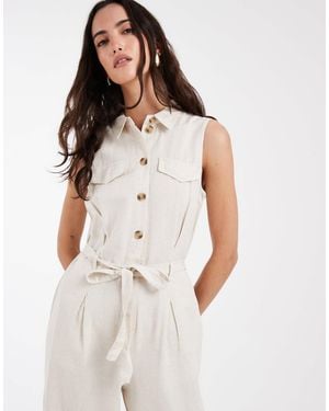 Vero Moda Linen Look Utility Style Tie Waist Jumpsuit - White