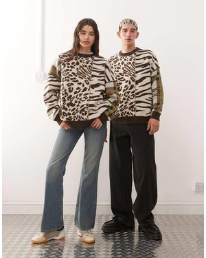 Collusion Unisex Knitted Spliced Animal Print Jumper Jumper - Black